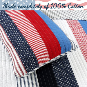 Red White Navy Blue Patriotic Stars & Stripes Soft Cotton Bedding Full/Queen Quilt Set Boy or Teen Boy Elegant Coverlet Beadspread