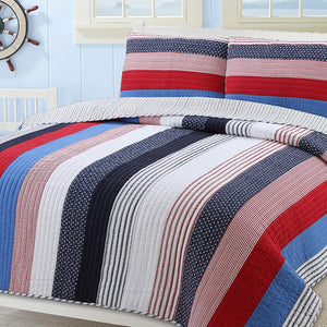 Red White Navy Blue Patriotic Stars & Stripes Soft Cotton Bedding Full/Queen Quilt Set Boy or Teen Boy Elegant Coverlet Beadspread