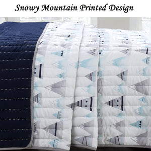 Elegant Classic Navy Blue & White Stars Boys Teen Bedding Twin Full/Queen Embroidered Quilt Set Luxury Coverlet Reversible Bedspread with Mountain Peaks / Native American Teepee Design