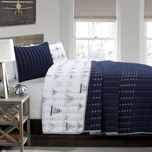 Elegant Classic Navy Blue & White Stars Boys Teen Bedding Twin Full/Queen Embroidered Quilt Set Luxury Coverlet Reversible Bedspread with Mountain Peaks / Native American Teepee Design