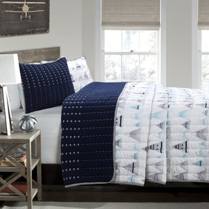 Elegant Classic Navy Blue & White Stars Boys Teen Bedding Twin Full/Queen Embroidered Quilt Set Luxury Coverlet Reversible Bedspread with Mountain Peaks / Native American Teepee Design