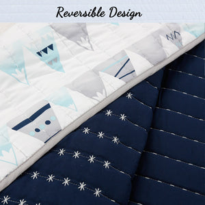 Elegante juego de cama clásico azul marino y blanco con estrellas para niños y adolescentes, edredón bordado de lujo, colcha reversible con diseño de picos de montaña y tipi nativo americano