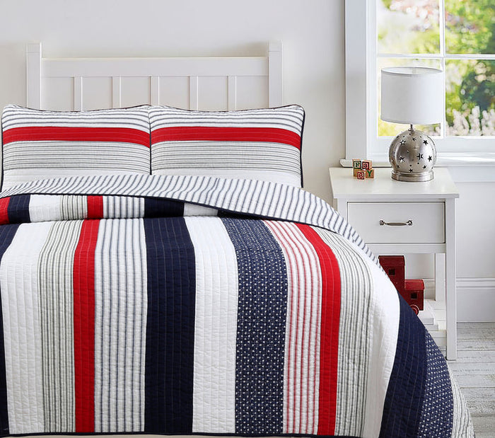 Liberty USA Flag Inspired Luxury Cotton Boys Bedding Twin Full/Queen Quilt Set Elegant Red White Blue Striped Patriotic Coverlet Beadspread