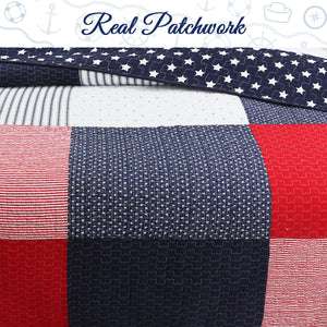 Patchwork Patriotic Stars & Stripes USA Flag Inspired Luxury Cotton Bedding Twin Full/Queen Quilt Set Elegant Red White Blue Coverlet Beadspread