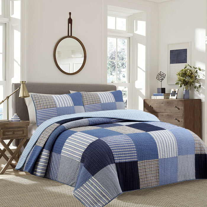 Elegante juego de cama clásico de cuadros azules y blancos con patchwork auténtico para niños y adolescentes, edredón para cama matrimonial o queen, colcha moderna de algodón de lujo