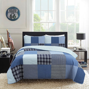 Elegante juego de cama clásico a cuadros azules y blancos con diseño de patchwork auténtico para niños y adolescentes, juego de edredón para cama tamaño queen/king, colcha moderna de algodón de lujo