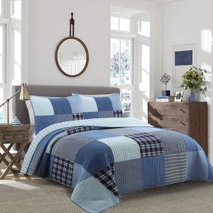 Elegant Blue White Plaid Classic Real Patchwork Boys Teen Bedding Twin Full/Queen King Quilt Set Modern Luxury Cotton Coverlet Bedspread