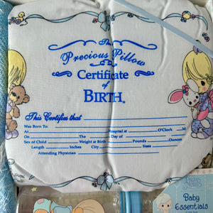 New Vintage Precious Moments Blue Baby Blanket with Boy & Bear 3-Piece Boxed Gift Set - Shawl, Keepsake Pillow, Baby Bottle - 2002 by Luv n'Care