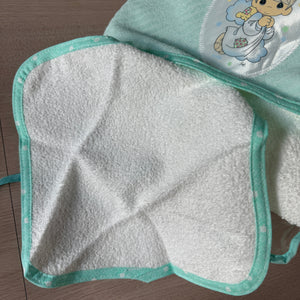 Vintage New 4-PC Precious Moments Green & White Infant Baby Hooded Cotton Bath Towel - Washcloth - Comb & Hair Brush Gift Set With Angel Appliqué 27.5" x 30"