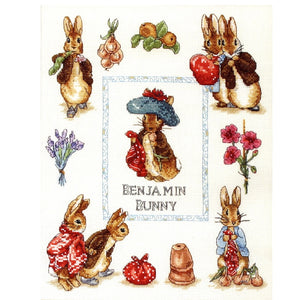 Kit d'annonce de naissance de bébé au point de croix compté vintage rare Beatrix Potter Peter Rabbit &amp; Friends Échantillon de souvenir ou tableau de motifs PDF Instructions JC218 par Anchor 2010