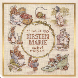 Vintage Rare Beatrix Potter Peter Rabbit Storybook Birth Sampler Keepsake Counted Cross Stitch Announcement Kit or PDF Pattern Chart Instructions Needle Treasures by JCA 02673 from 1995