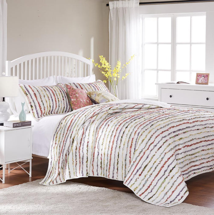 Modern Feminine Shabby Chic White & Rainbow Ruffled Girls Bedding Twin Full/Queen King Bedspread Quilt Set Cotton Ivory w/ Multicolor Ruffles