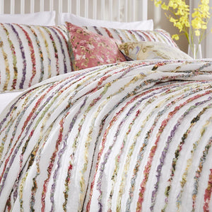 Modern Feminine Shabby Chic White & Rainbow Ruffled Girls Bedding Twin Full/Queen King Bedspread Quilt Set Cotton Ivory w/ Multicolor Ruffles