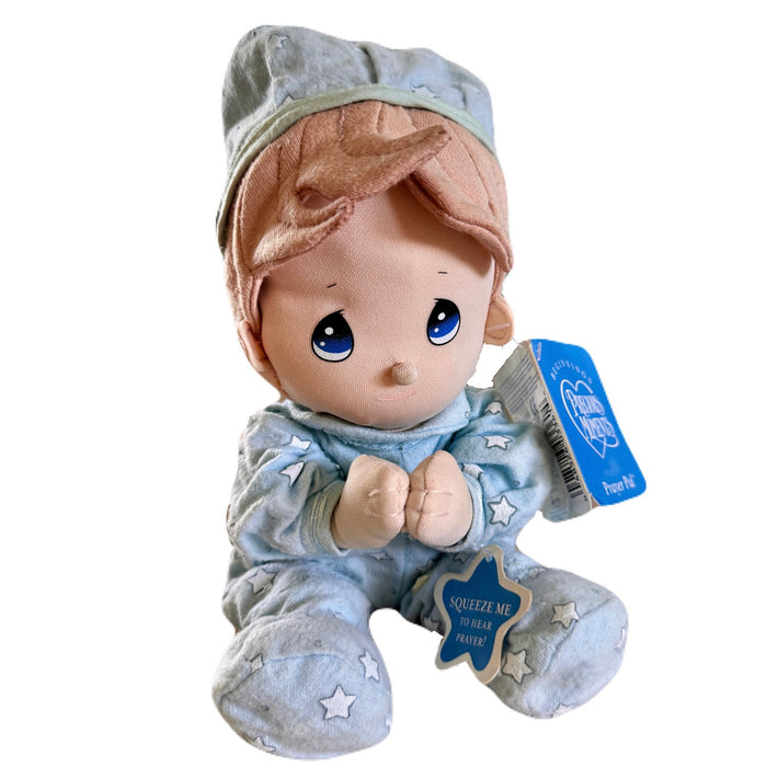Vintage Talking Precious Moments 9" Baby Boy Plush Soft Rag Doll Says Lord's Bedtime Prayer Pal Praying Toy in Blue Cotton Pajamas Shower Gift