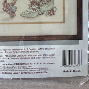 Vintage Rare Beatrix Potter Peter Rabbit Storybook Birth Sampler Keepsake Counted Cross Stitch Announcement Kit or PDF Pattern Chart Instructions Needle Treasures by JCA 02673 from 1995