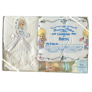 Vintage New Precious Moments White Baby Blanket with Angel 3-Piece Boxed Gift Set - Shawl, Birth Keepsake Pillow, Baby Bottle - 2002 by Luv n'Care