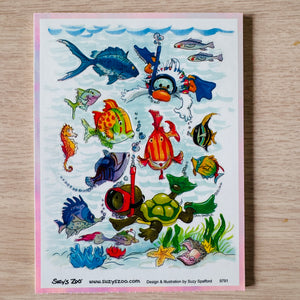 Autocollants vintage rares de Suzy's Zoo avec poissons sous-marins et plongée en apnée, irisés, pour plusieurs personnages, feuille simple, 4,5" x 6"