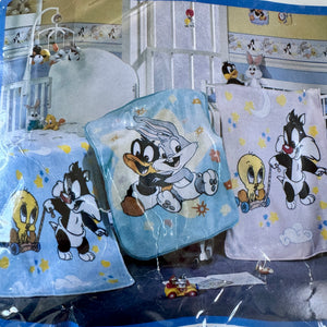 RARE Vintage NEW Baby Looney Tunes Sylvester Cat & Tweety Bird Baby Fleece Minky Plush Crib Blanket 30" x 41" Blue 1999 Moon & Stars