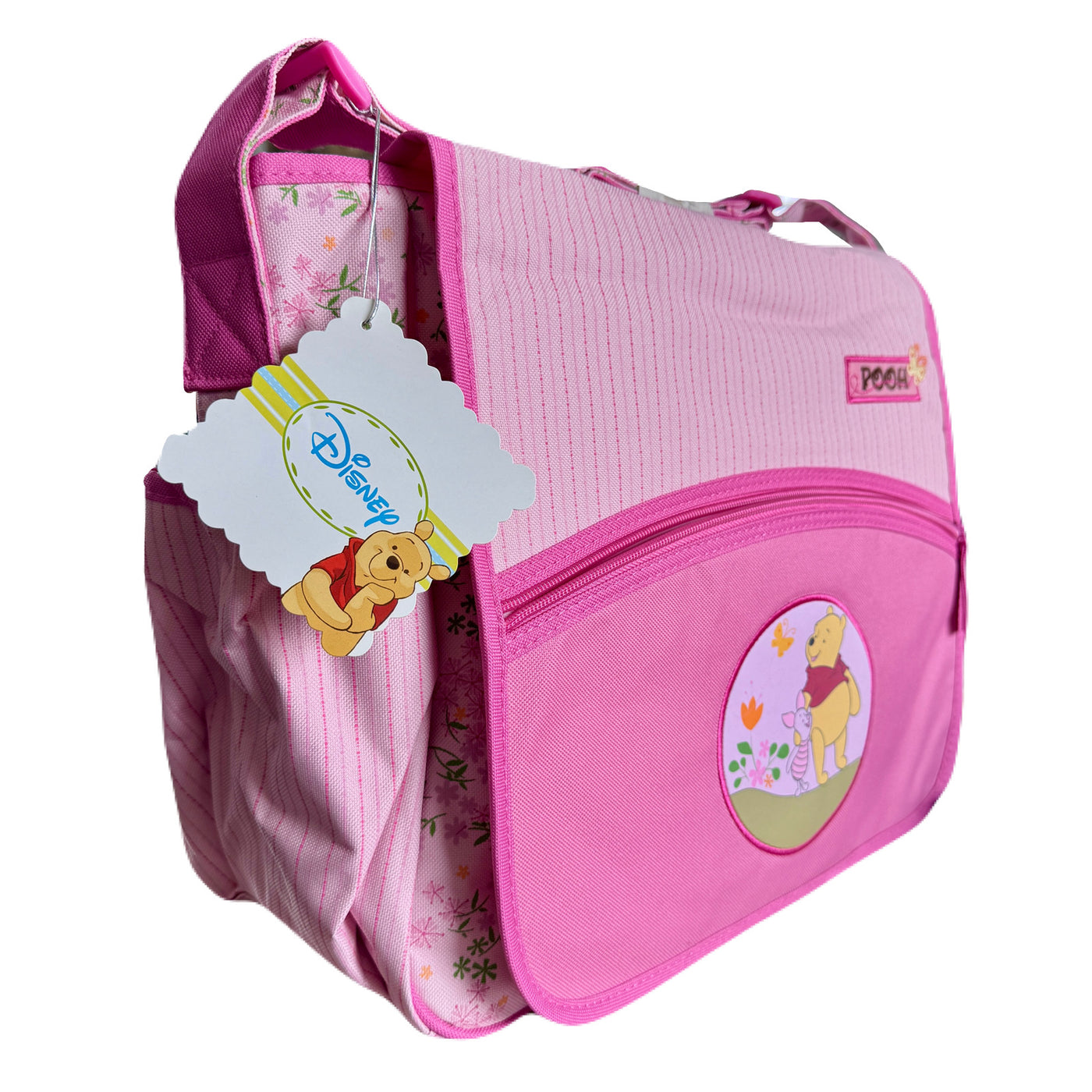 New Vintage Winnie The Pooh & Piglet Pink Baby Girl Large Diaper Bag Striped & Floral Print with Side Pockets 2010