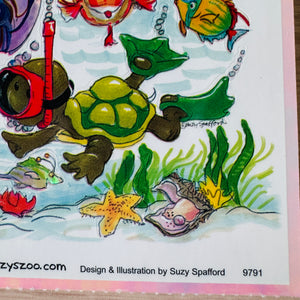 Vintage Rare Suzy’s Zoo Underwater Fish Snorkeling Iridescent Multiple Character Stickers Single Sheet 4.5" x 6"