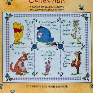 Vintage New Rare Disney Winnie The Pooh Bear Sampler Counted Cross Stitch Kit or PDF Chart Pattern Instructions Debbie Minton Designer Stitches D17 Six Characters Piglet, Eeyore, Tigger, Rabbit, Kanga