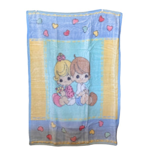 Vintage New Precious Moments Baby Girl & Boy Hearts Crib Blanket Luxury Plush Throw 31" x 47" 2001 Crown Crafts Unisex Pastel Green Blue & Yellow