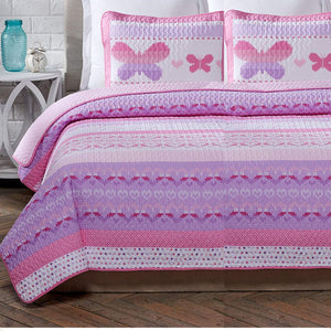 Luxury Cotton Pink Butterflies & Hearts Girl Bedding Twin Full/Queen Quilt Set Knit Print Polka Dot Coverlet Beadspread