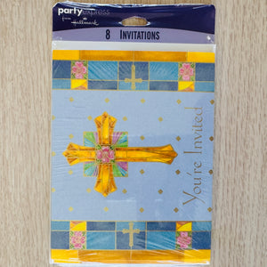 Cartes d'invitation religieuses pour baptême, première communion, confirmation, croix bleue et or, 8 CT