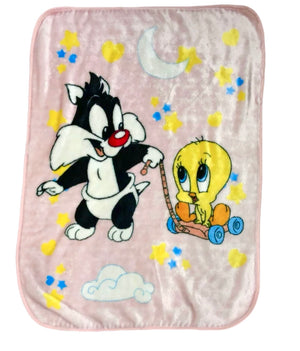 RARE Vintage NEW Baby Looney Tunes Pink Sylvester Cat & Tweety Bird Baby Fleece Minky Plush Crib Blanket 30" x 41" Printed Throw 2000 Moon & Stars with Gift Box