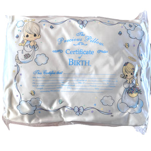 Vintage Satin Precious Moments Angels Luxury Baby Birth Certificate Keepsake Pillow 12" x 9" & Rattle Baby Shower 2pc Gift Set with Rattle Angel Girl & Boy