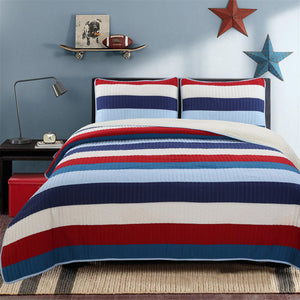 Red White Navy Blue Patriotic Stripes Cotton Bedding Twin Full/Queen Quilt Set Boy or Teen Boy Elegant Coverlet Beadspread