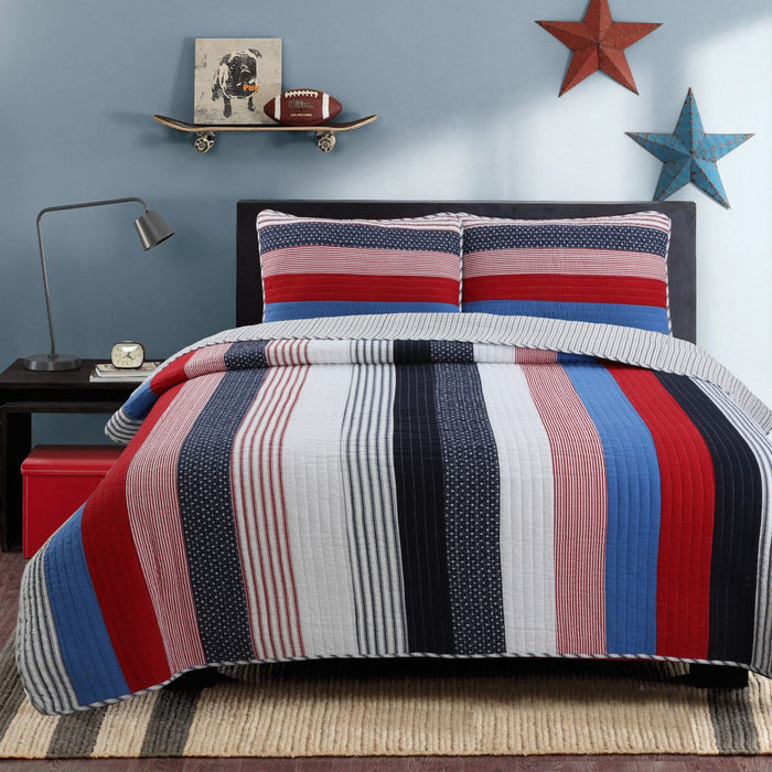 Red White Navy Blue Patriotic Stars & Stripes Soft Cotton Bedding Full/Queen Quilt Set Boy or Teen Boy Elegant Coverlet Beadspread