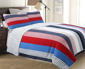 Red White Navy Blue Patriotic Stars & Stripes Soft Cotton Bedding Full/Queen Quilt Set Boy or Teen Boy Elegant Coverlet Beadspread