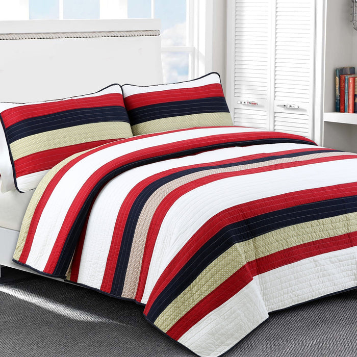 Elegant Red White Black Sage Green Striped Cotton Bedding Twin Quilt Set Boy or Teen Boy Elegant Coverlet Beadspread