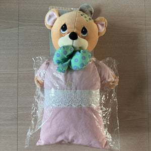 Almohada vintage con forma de oso de peluche rosa de 15" de Precious Moments, nueva, con lazo y bolsillo oculto, coleccionable de 1999