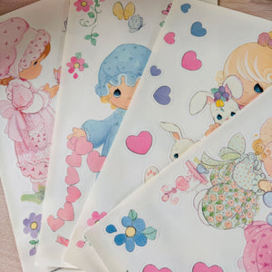 Vintage New Precious Moments Girls Wall Decals Stickers 10" x 18" 4 Sheets Peel & Stick Tea Time Bunny Butterflies & Hearts