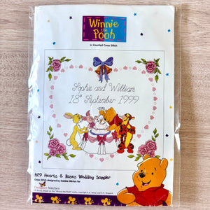 Vintage Rare Disney Winnie The Pooh Hearts & Roses Wedding Sampler Announcement  Piglet Tigger Rabbit Counted Cross Stitch Kit 1999 Keepsake Debbie Minton Designer Stitches H29
