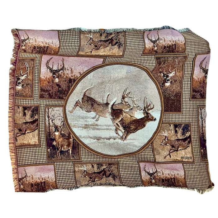 USA Vintage Elk Deer Collage Tapestry Afghan Throw Bedspread Woven Designer Cabin Blanket Once in a Lifetime by Phillip Crowe or Milette Mohawk Home Outdoor Wildlife Hunting Lodge Cabin Earth Tone