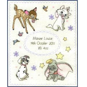 Vintage Rare Disney Baby Counted Cross Stitch Baby Birth Announcement Kit Keepsake Record Sampler or PDF Pattern Chart Instructions DPST006 - Bambi Aristocats Marie Dalmatians Dumbo - by Anchor 2000s