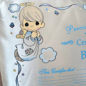 Vintage Satin Precious Moments Angels Luxury Baby Birth Certificate Keepsake Pillow 12" x 9" & Rattle Baby Shower 2pc Gift Set with Rattle Angel Girl & Boy