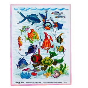 Autocollants vintage rares de Suzy's Zoo avec poissons sous-marins et plongée en apnée, irisés, pour plusieurs personnages, feuille simple, 4,5" x 6"