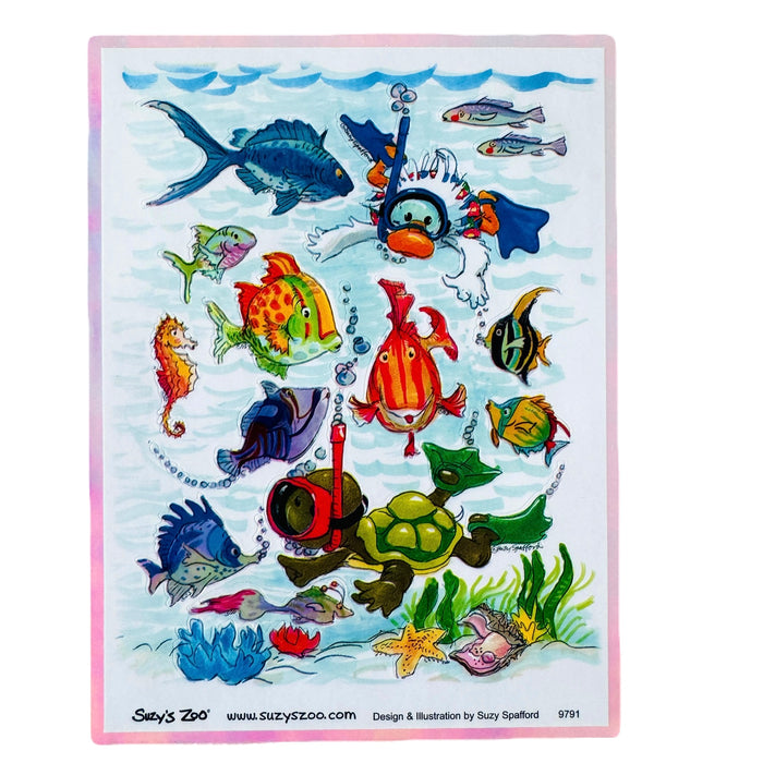 Vintage Rare Suzy’s Zoo Underwater Fish Snorkeling Iridescent Multiple Character Stickers Single Sheet 4.5" x 6"