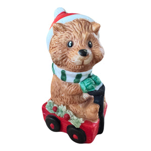 Vintage Suzy’s Zoo Christmas Bear on Wagon Collectible Porcelain Bisque Figurine Statue by Suzy Spafford Enesco 1977