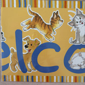 Bannière horizontale de bienvenue vintage Suzy's Zoo Wags &amp; Whiskers Cats &amp; Dogs 4 FT 2005 Produit pour enseignant en classe