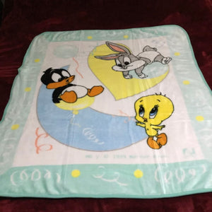 Vintage Rare Baby Looney Tunes Bugs Bunny Tweety Duffy Duck Infant Crib / Toddler Blanket Luxury Plush Throw 43" x 51" Balloons Heart & Moon 1999 with Gift Box