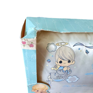 Oreiller souvenir de bébé en satin de luxe Vintage Precious Moments Angels Certificat de naissance 12" x 9" et hochet Coffret cadeau 2 pièces pour baby shower avec hochet Angel Girl &amp; Boy