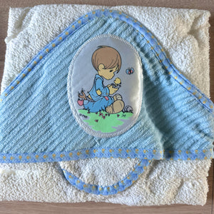 Vintage New 4-PC Precious Moments Blue & White Infant Baby Hooded Cotton Bath Towel - Washcloth - Comb & Hair Brush Gift Set With Boy Appliqué 27.5" x 30"