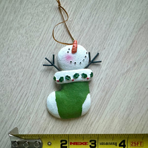 Snowman In A Stocking Cute Keepsake Christmas Tree Ornament White Green Resin 3" Vintage