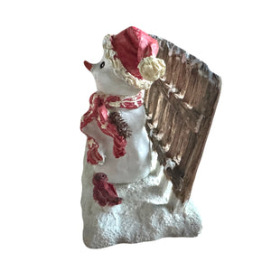 Resin Christmas Snowman With Cardinal Bird & Picket Fence Red Hat & Scarf Figurine Statue Vintage 3.75"