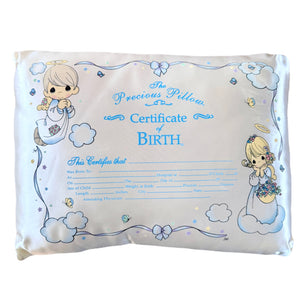 Oreiller souvenir de bébé en satin de luxe Vintage Precious Moments Angels Certificat de naissance 12" x 9" et hochet Coffret cadeau 2 pièces pour baby shower avec hochet Angel Girl &amp; Boy